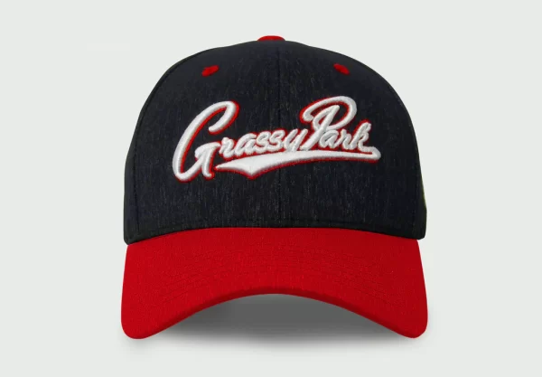 Homegrown Grassy Park 6 panel adjustable cap front view, red and Navy.